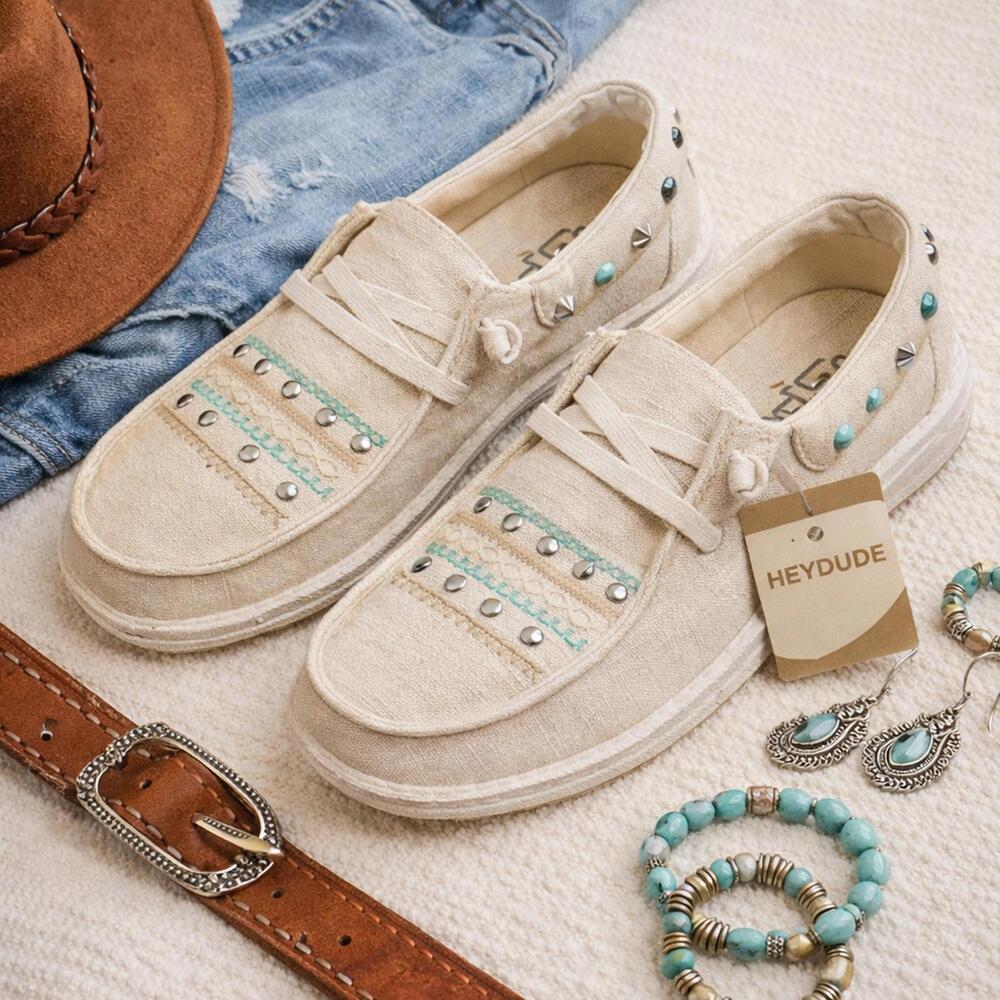 HEYDUDE Wendy Rodeo Studded Western Slip On Shoes Cream Turquoise NWT size 6
